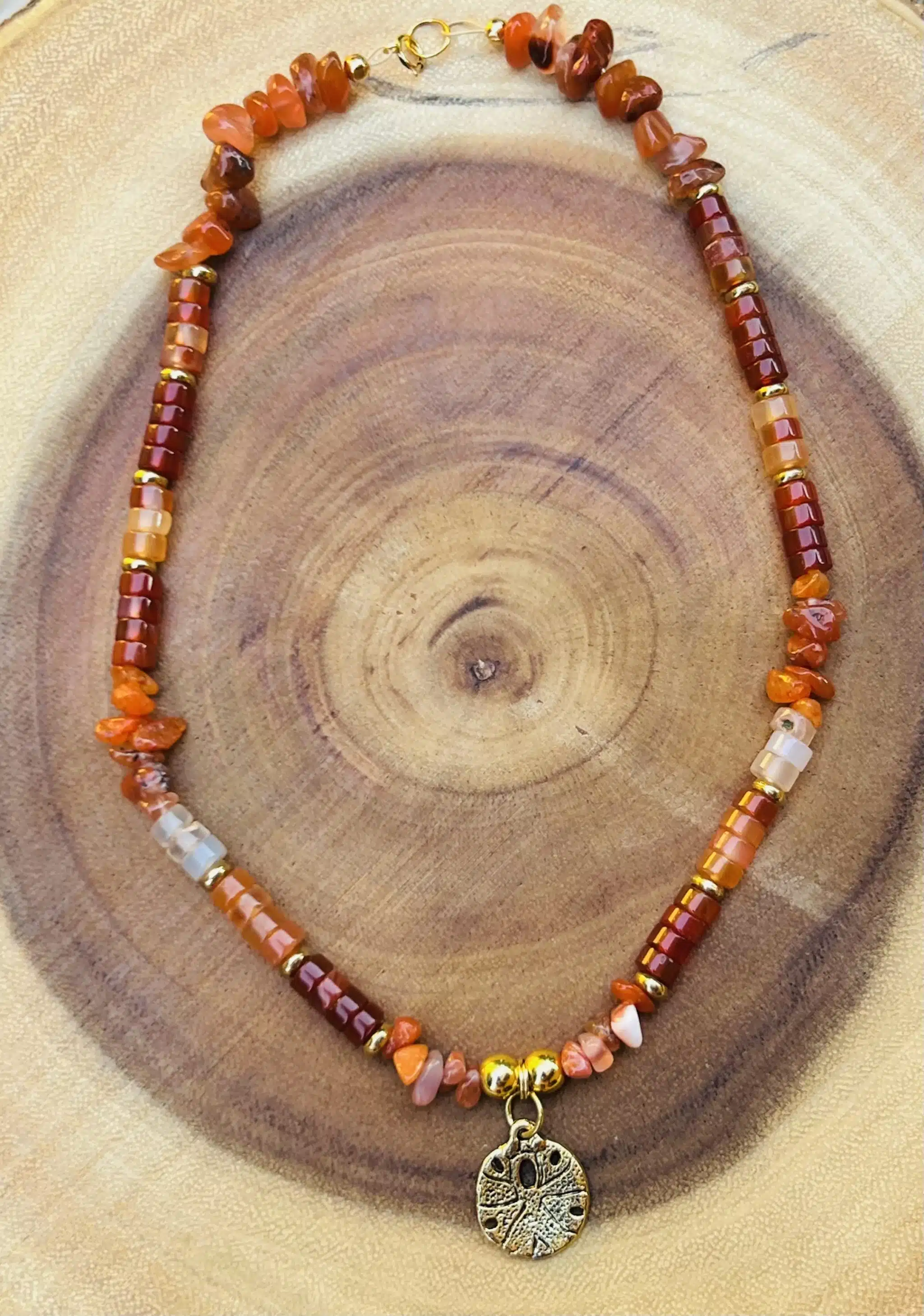 Agate red necklace with sand dollar charm 2 IMG 2159 scaled