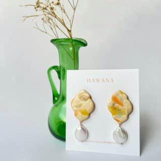 Laila 01 earrings - colorful islamic design polymer clay earrings with natural dangling white pearls