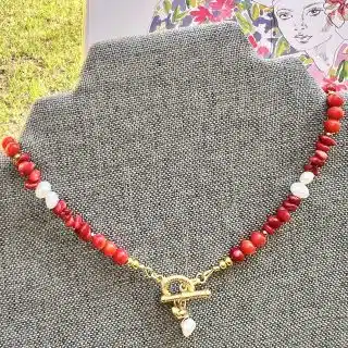 Coral, pearl necklace with 18 gold filled clasp.