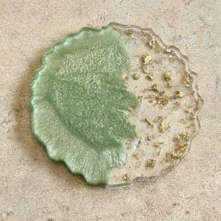 pistache with gold leaves resin coaster