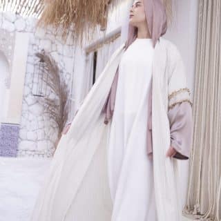 Natural Linen Kaftan/Abaya with Satin and Gold Embroidery