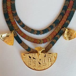 3 layers hematite necklace with gold plated pharoah pendants