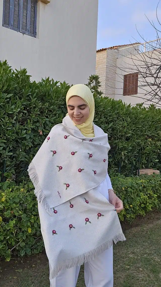 Burgundy Roses Hand-embroidered Natural Cotton Shawl 1 Burgundy Roses Hand-embroidered Natural Cotton Shawl