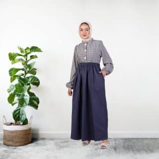 Elegant Two-Piece Modest Set: Checkered Blouse & Navy Denim Skirt