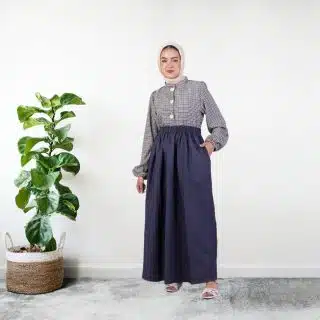 Elegant Two-Piece Modest Set: Checkered Blouse & Navy Denim Skirt
