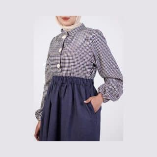 Elegant Two-Piece Modest Set: Checkered Blouse & Navy Denim Skirt