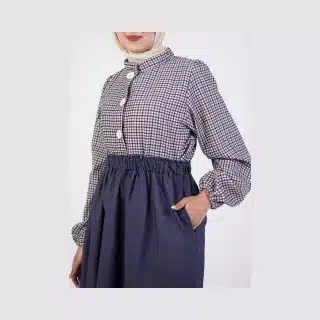 Elegant Two-Piece Modest Set: Checkered Blouse & Navy Denim Skirt