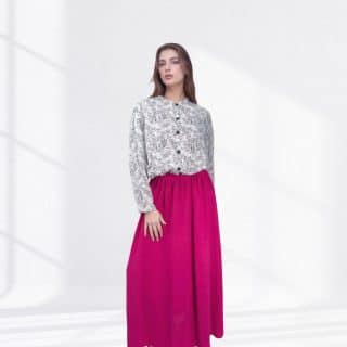 Chic Modest Outfit: Black & White Feather Print Blouse with Fuchsia Maxi Skirt