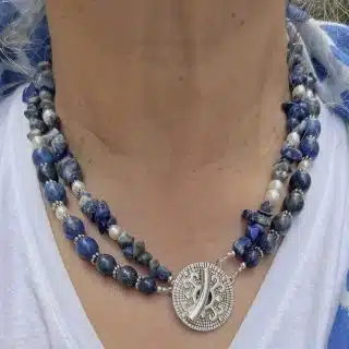 Lapis Lazuli & cultivated freshwater pearl 2 layer necklace with big clasp