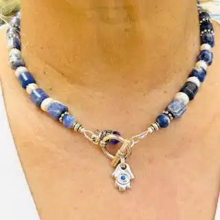 Sodalite & cultured freshwater pearls, with Fatima’s hand