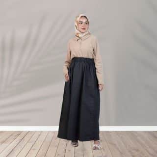 Chic-Two-Piece-Modest-Set:-Beige-Top-&-Black-Denim-Skirt