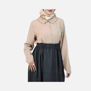 Chic Two-Piece Modest Set: Beige Top & Black Denim Skirt