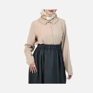 Chic Two-Piece Modest Set: Beige Top & Black Denim Skirt