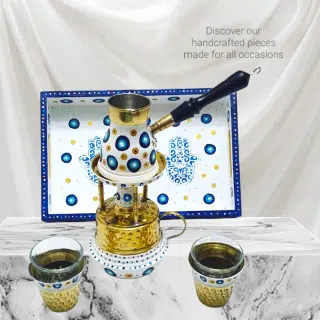 Hand Painted Copper Coffee Set طقم القهوة النحاس مع الصينية