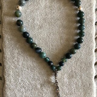 925 Silver Islamic Rosary with 33 Beads of Moss Green Agate