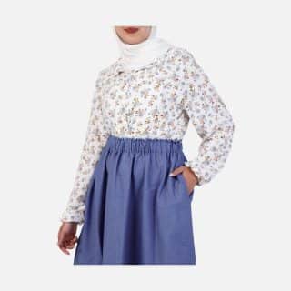Two-Piece Modest Set: Floral Blouse & Blue Denim Skirt