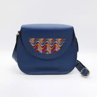 Blue Genuine leather bag with colorful cross stitching