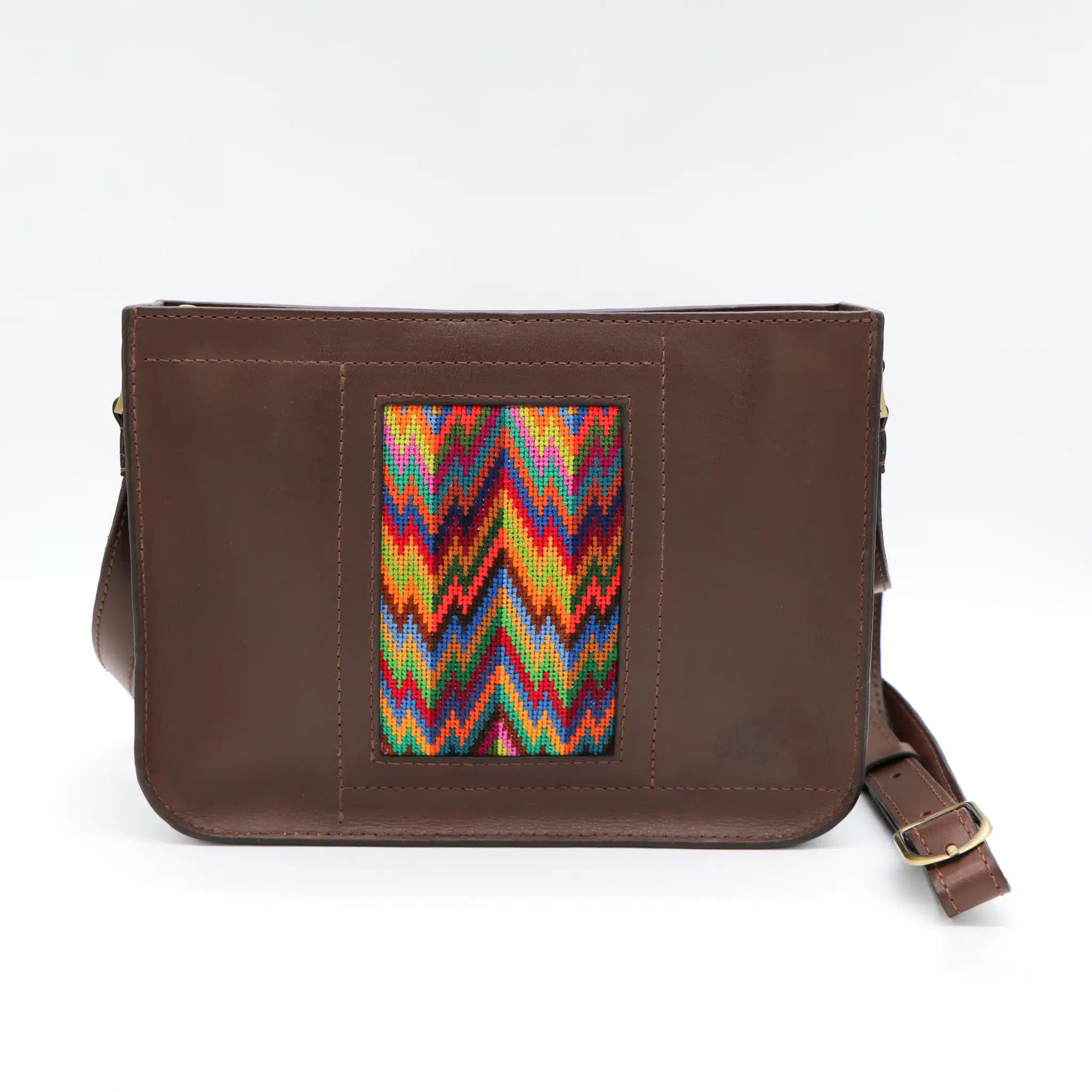 Brown genuine leather bag with colorful Cross stitching. 1 Brown genuine leather bag with colorful Cross stitching.