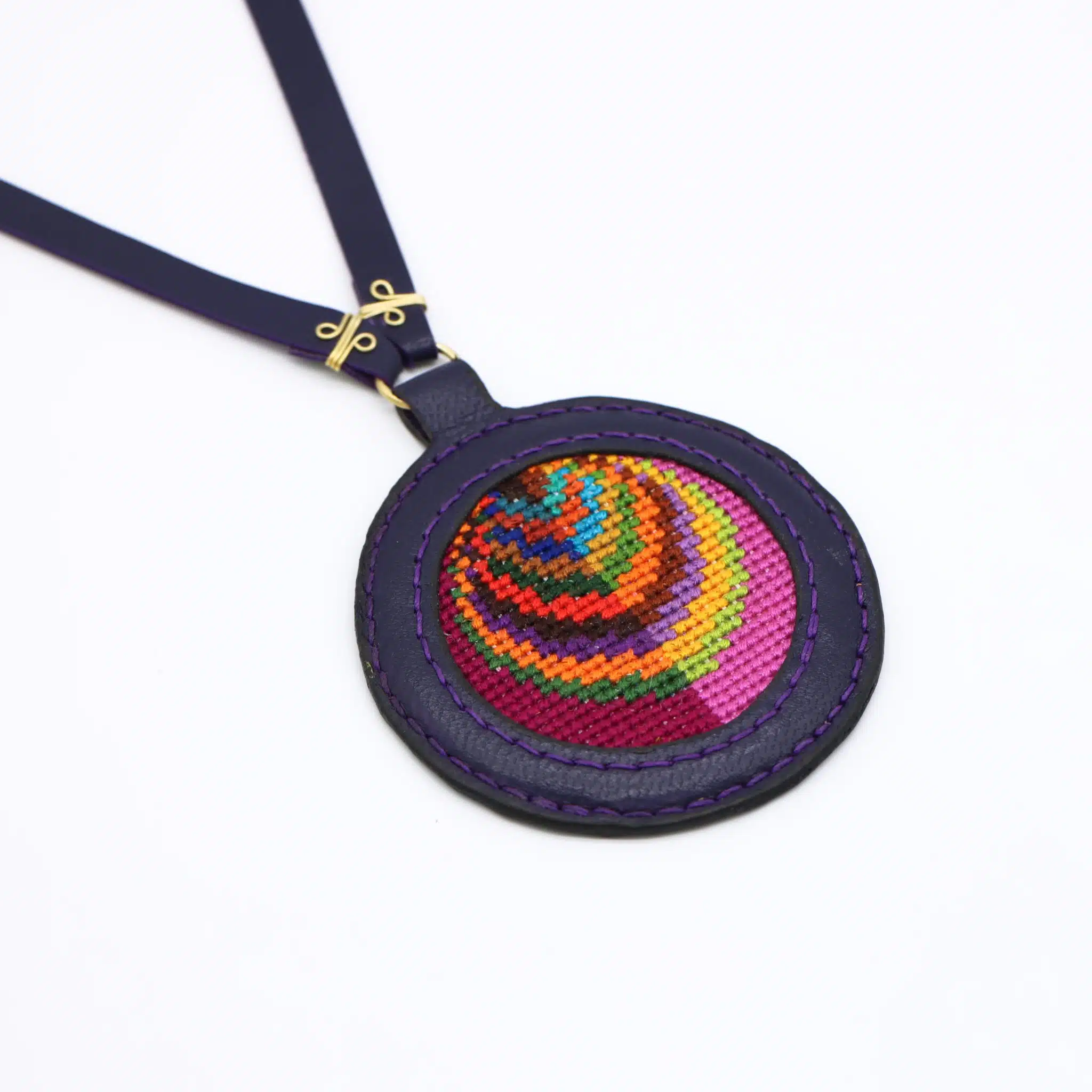 Purple genuine leather necklace with colorful Cross-stitching 1 Purple genuine leather necklace with colorful Cross-stitching