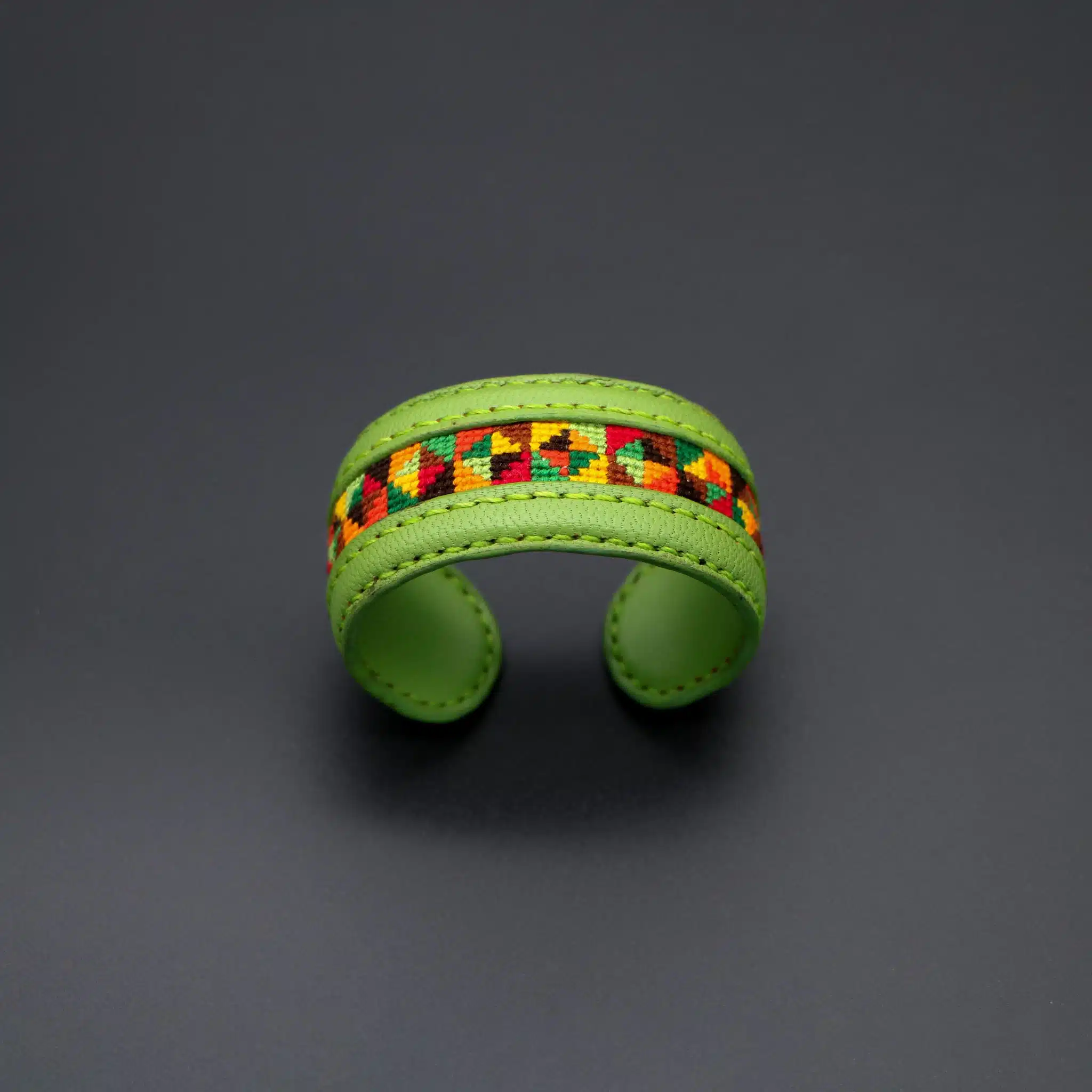 Light green genuine leather cuff with colorful Cross-stitching 1 Light green genuine leather cuff with colorful Cross-stitching