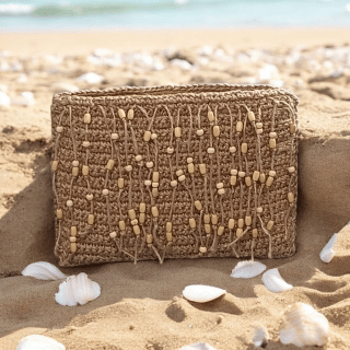Burlap crochet clutch with beaded tassels