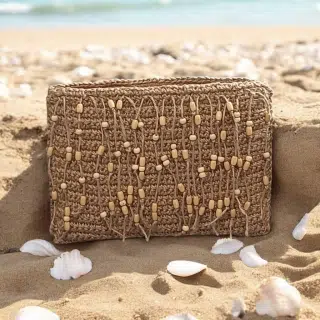 Burlap crochet clutch with beaded tassels