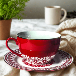 Red coffee mug with plate