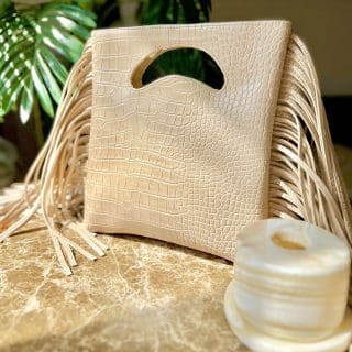 Crocova beige with fringes – Cutout Handle Clutch