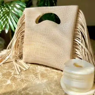 Crocova beige with fringes – Cutout Handle Clutch