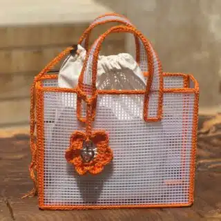 See through white beach bag with crochet finish