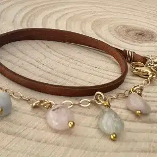 Summer color quartz stones, leather, gold filled