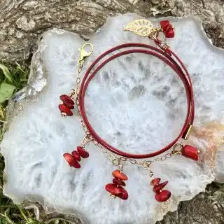 Gold filled bracelet, coral & red leather bracelet