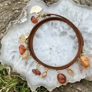 Gold filled, leather bracelet, brown agate stone