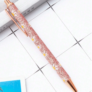 flower decorated rose gold glitter pen
