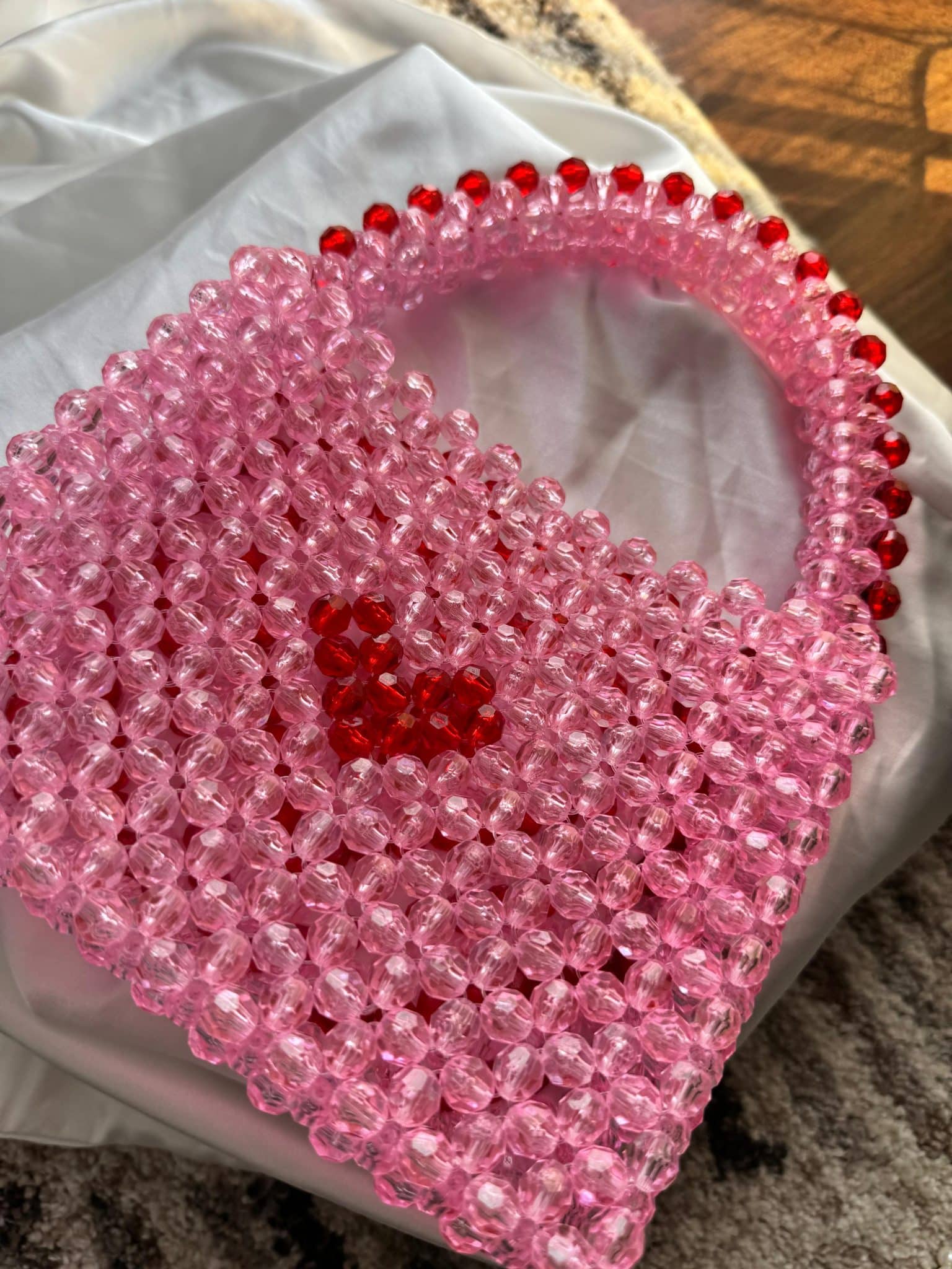 Luna 2 hear beaded bag , in red and pink