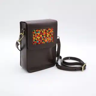 Dark brown genuine leather bag with colorful cross-stitching.
