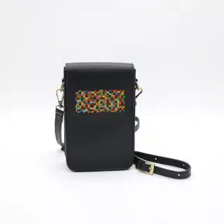 Black genuine leather bag with colorful cross stitching
