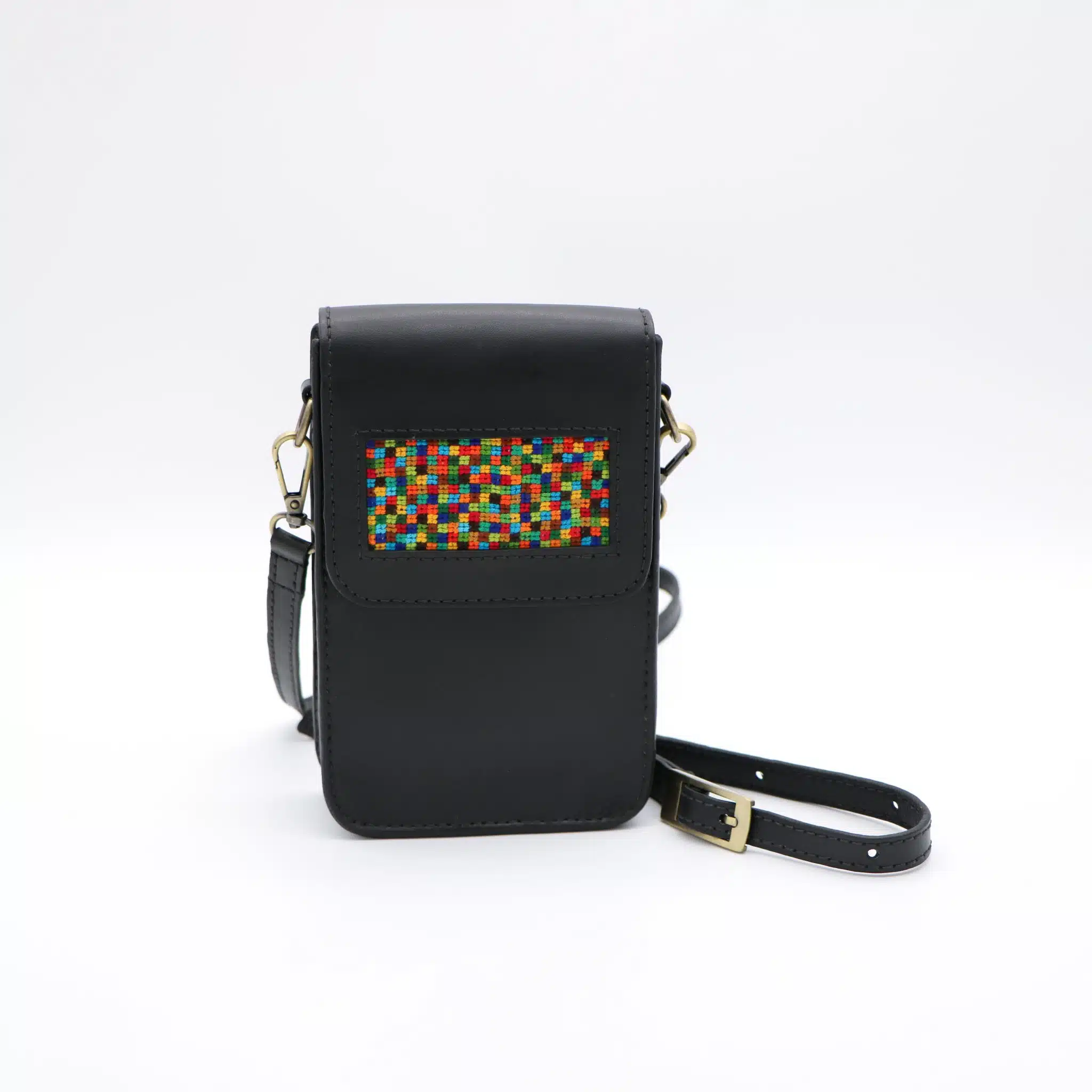 Black genuine leather bag with colorful cross stitching 1 Black genuine leather bag with colorful cross stitching