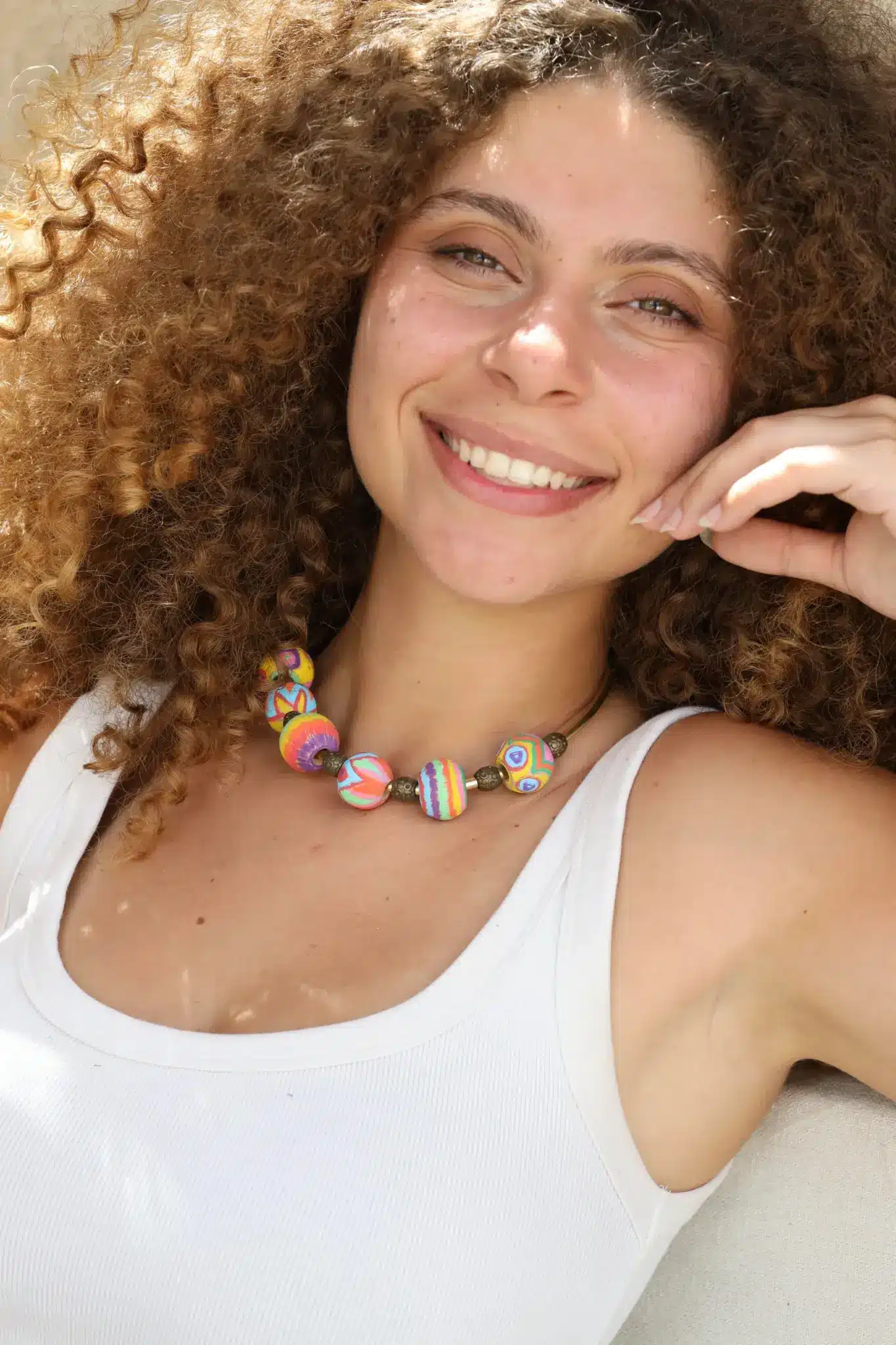 Pastel Hand-painted large beads copper necklace Medium Size 1 Pastel Hand-painted large beads copper necklace Medium Size