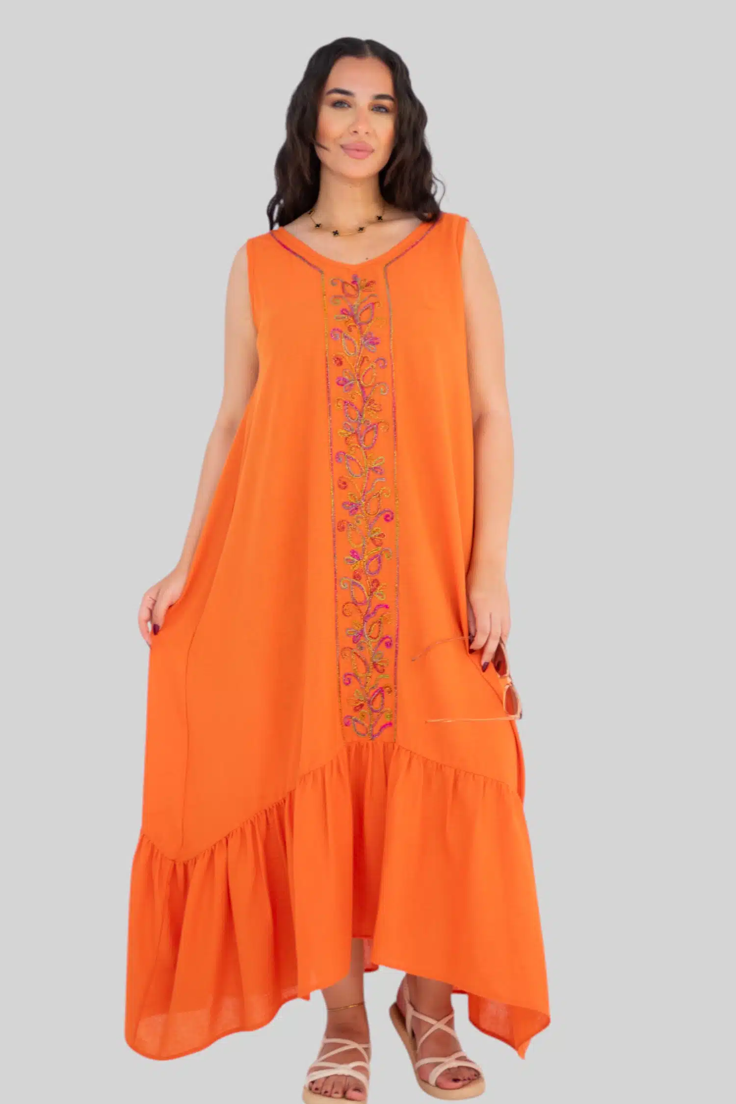 Orange embroidered ruffle dress 2 0S3A9243 Photoroom scaled