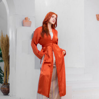 Full outfit (orange long silk cardigan + pure linen stripe pants