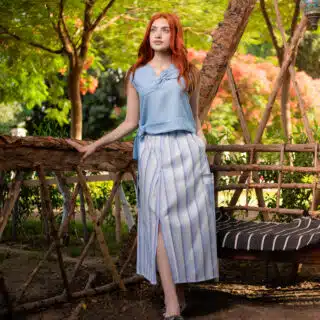 Full outfit (baby blue Spanish linen top+cotton stripe cargo skirt)