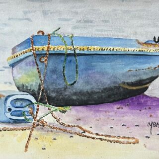 watercolor painting refers to boats & sea -paints are just made of pigments suspended in a water based solution.