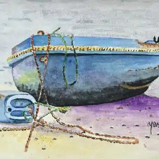 watercolor painting refers to boats & sea -paints are just made of pigments suspended in a water based solution.