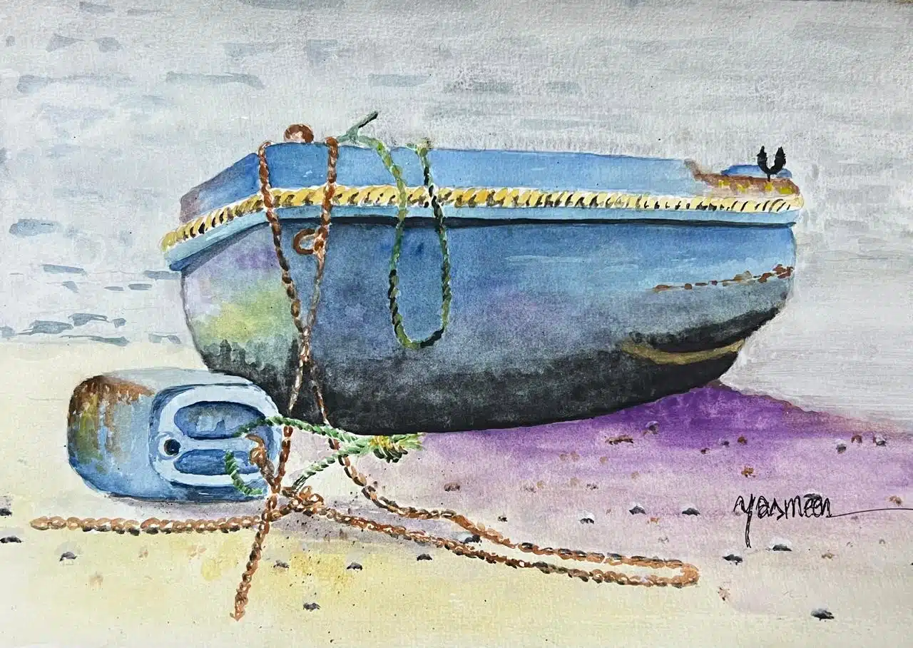 the pretty blue boat 1 watercolor painting refers to boats & sea -paints are just made of pigments suspended in a water based solution.