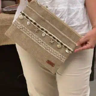 Beige beach clutch with a touch of olive
