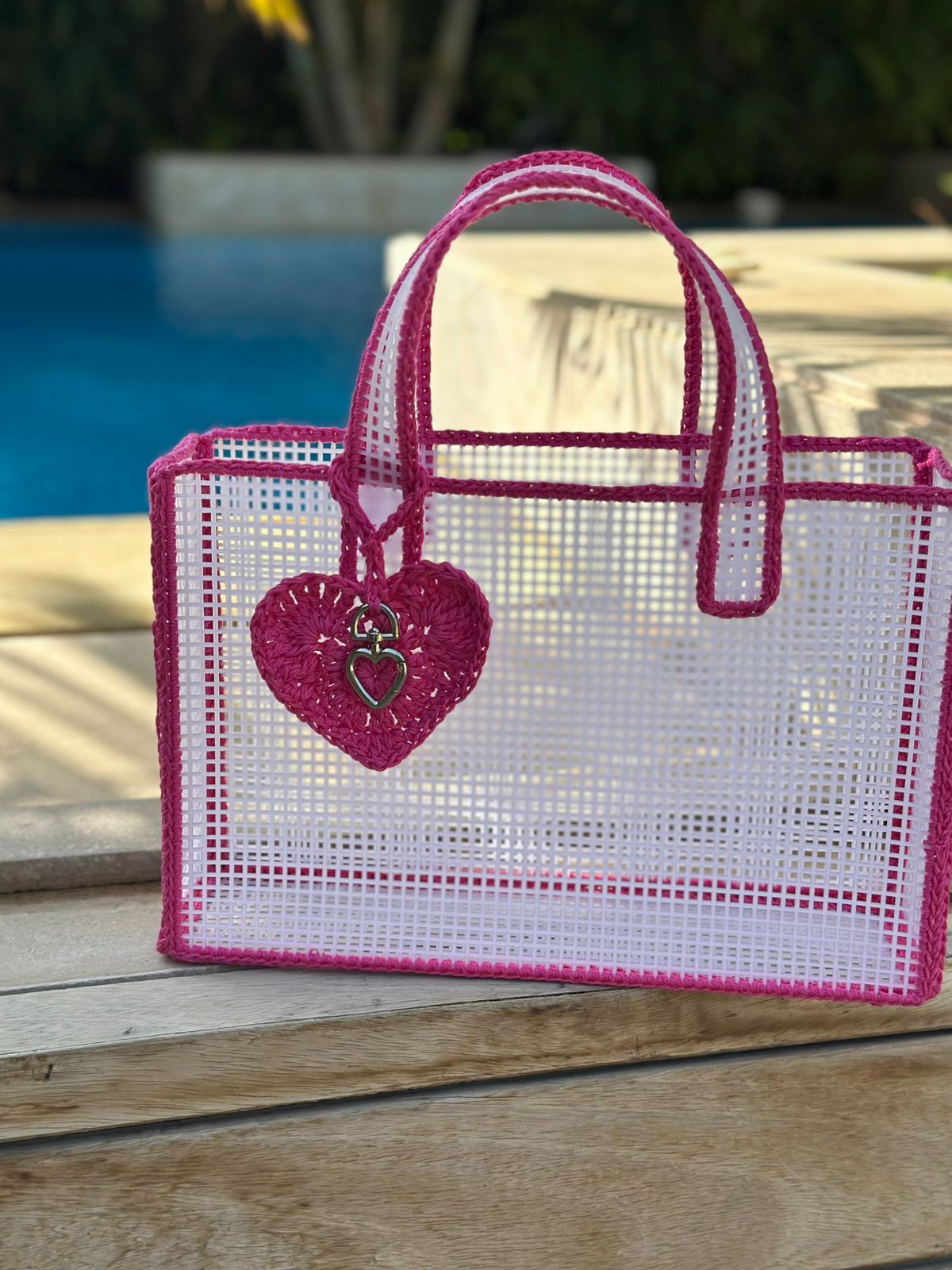 See through white beach bag with pink crochet finish 3 IMG 20250624 WA0003