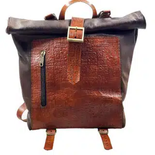 A Handmade, Genuine Leather, Rolltop BackPack with an Embossed Ancient Egyptian Pattern