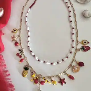Red & yellow charms chain necklace, shell necklace. Sold separately
