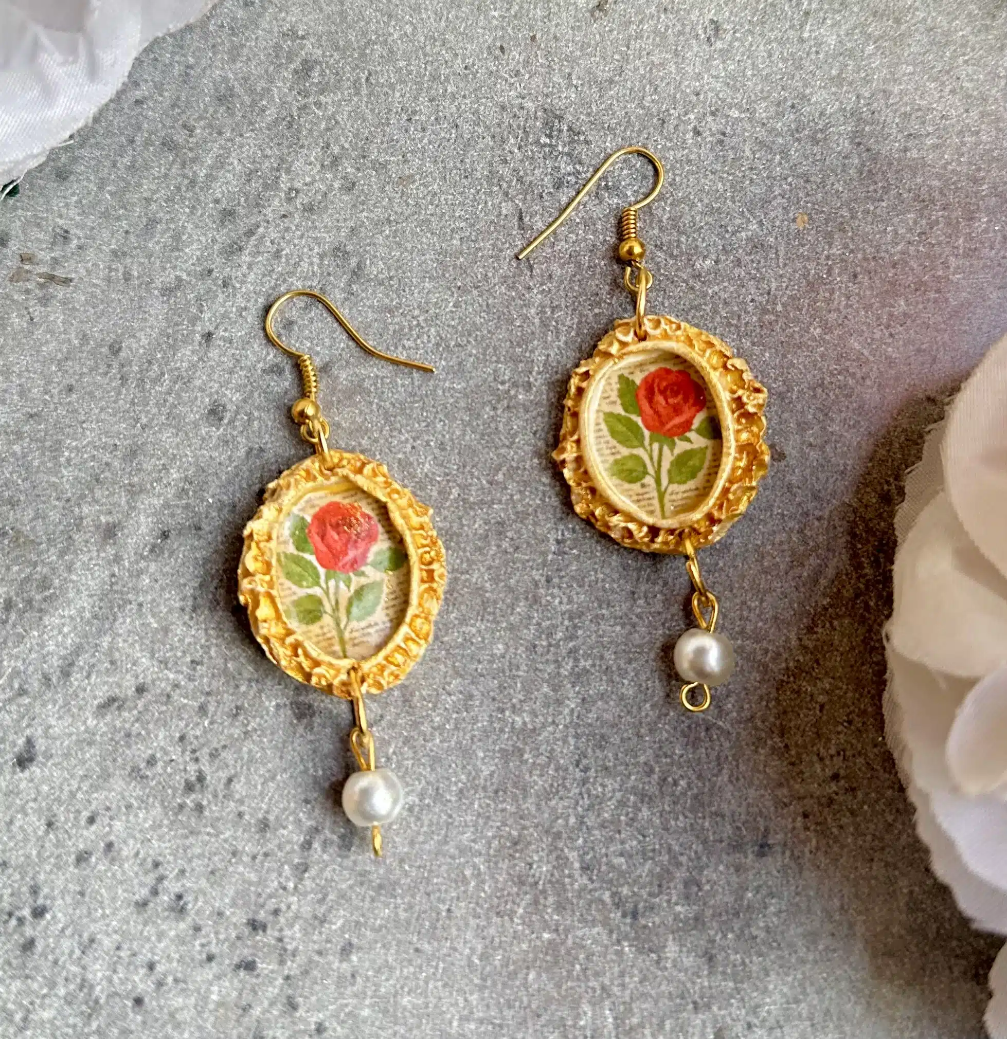 Vintage Red Rose Painting Earring 1 Vintage Red Rose Painting Earrings